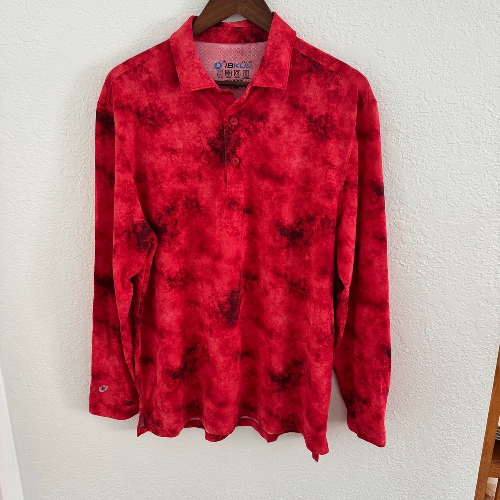 IBKUL Long Sleeve Golf Polo Shirt Red Print Large UPF 50+ Preppy Casual Golf